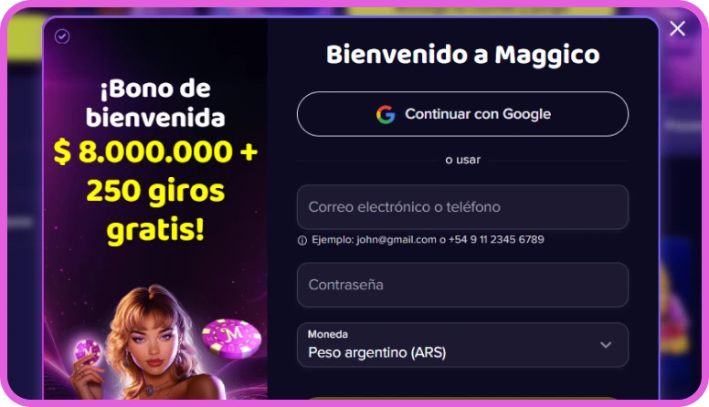 Opciones de registro disponibles